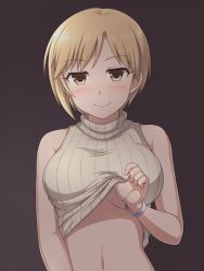 Rule 34 | 1girl, aiba yumi, bangle, bare arms, bare shoulders, black background, blonde hair, blush, bracelet, breasts, brown eyes, closed mouth, clothes lift, half-closed eyes, idolmaster, idolmaster cinderella girls, jewelry, large breasts, lifting own clothes, looking at viewer, navel, no bra, parted lips, pataneet, seductive smile, short hair, simple background, sleeveless, sleeveless turtleneck, smile, solo, stomach, sweater, sweater lift, turtleneck, underboob, upper body