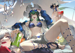 Rule 34 | 3girls, adjusting clothes, adjusting headwear, ahoge, alternate costume, arknights, bikini, black hair, blue bikini, blue eyes, blue hair, blue jacket, blue sky, chestnut mouth, chinese commentary, closed eyes, coconut, commentary request, crocodilian tail, eunectes (arknights), food, foot out of frame, fruit, gavial (arknights), gavial the invincible (arknights), gavial the invincible (holiday) (arknights), gradient hair, green hair, grey hair, grey shorts, hand on own head, highres, holding, holding food, jacket, jewelry, long hair, looking at viewer, looking back, multicolored hair, multiple girls, multiple rings, official alternate costume, one eye closed, open mouth, outdoors, ring, shorts, sitting on tail, sky, smile, spade-m, spread legs, swimsuit, tail, tent, tomimi (arknights), unhappy, watermelon, white bikini, white headwear, white jacket, yellow eyes
