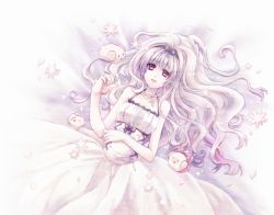 Rule 34 | 1girl, :d, bad id, bad pixiv id, bare shoulders, bow, cross, cross necklace, dress, earrings, hair bow, jewelry, lipstick, long hair, lying, makeup, necklace, niwa toriko, open mouth, original, purple eyes, purple theme, rosary, silver hair, smile, solo, white dress