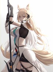 Rule 34 | 1girl, animal ears, arknights, blonde hair, blush, breasts, brown eyes, closed mouth, from side, gloves, gradient background, grey background, headset, highres, horse ears, horse girl, large breasts, long hair, looking at viewer, nearl (arknights), nearl the radiant knight (arknights), official alternate costume, shokuyou koori, short sleeves, simple background, solo, thighhighs, thighs, weapon, white background