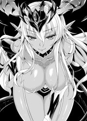 Rule 34 | 1girl, breasts, cleavage, demon girl, demon wings, greyscale, hera (p&amp;d), horns, huge breasts, jewelry, monochrome, mushi024, pointy ears, puzzle &amp; dragons, solo, tail, wings