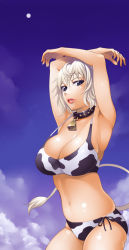 Rule 34 | 1girl, animal print, armpits, arms up, bell, neck bell, bikini, blue eyes, breasts, cleavage, cloud, collar, cow girl, cow print, cow tail, cowbell, day, large breasts, lipstick, makeup, moon, original, short hair, side-tie bikini bottom, sky, solo, swimsuit, tail, torigoe takumi, white hair