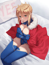 Rule 34 | 1girl, ahoge, artoria pendragon (fate), artoria pendragon (lancer) (fate), bed, blonde hair, blue gloves, blue leotard, blue thighhighs, braid, braided bun, breasts, cape, crown, fate/grand order, fate (series), fur-trimmed cape, fur trim, gloves, gold trim, green eyes, hair bun, highres, large breasts, leotard, looking at viewer, on bed, parted lips, red cape, sitting, solo, tesin (7aehyun), thighhighs, tiara, yes, yes-no pillow
