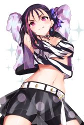 1girl, :q, absurdres, armpits, arms behind head, arms up, belt, bike shorts, black hair, black shorts, bow, breasts, cameltoe, choker, cowboy shot, crop top, crop top overhang, cropped jacket, earrings, goroo (eneosu), hair bow, highres, jacket, jewelry, kazuno sarah, long hair, long sleeves, looking at viewer, love live!, love live! sunshine!!, midriff, miniskirt, multicolored hair, navel, open clothes, open jacket, pink eyes, revision, see-through, shirt, short shorts, shorts, shorts under skirt, simple background, skirt, sleeveless, sleeveless shirt, smile, solo, stomach, streaked hair, tongue, tongue out, torn clothes, torn shirt, underboob, v-shaped eyebrows, white background, white jacket
