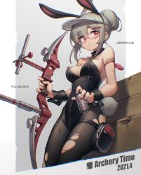 Rule 34 | 1girl, absurdres, animal ears, arm strap, artist name, barcode, barcode tattoo, bilibili xiaolu, black collar, black leotard, black pantyhose, bow (weapon), breasts, can, collar, cowboy shot, dated, extra ears, grey background, grey hair, highres, holding, holding bow (weapon), holding can, holding weapon, leotard, looking at viewer, medium breasts, monster energy, original, pantyhose, pouch, rabbit ears, rabbit girl, rabbit tail, red eyes, semi-rimless eyewear, sideboob, solo, tail, tattoo, thigh pouch, thigh strap, torn clothes, torn pantyhose, under-rim eyewear, visor cap, weapon