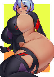 Rule 34 | 1girl, arm support, arms behind back, ass, blue hair, blush, border, breasts, character request, copyright request, covered navel, dot nose, hair between eyes, highres, huge ass, huge breasts, looking at viewer, lying, medium hair, mole, mole on breast, namagaki, on side, orange background, parted lips, plump, red eyes, short hair, sideboob, simple background, skindentation, smile, solo, thick thighs, thighhighs, thighs, white border, yellow background