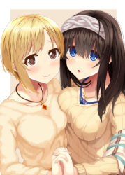 Rule 34 | 2girls, :o, aiba yumi, blonde hair, blue eyes, blush, breasts, brown eyes, brown hair, closed mouth, commentary request, eyelashes, grey hairband, hairband, highres, holding hands, idolmaster, idolmaster cinderella girls, jewelry, long hair, long sleeves, looking at viewer, medium breasts, multiple girls, necklace, oga raito, open mouth, raised eyebrows, sagisawa fumika, short hair, smile, tongue