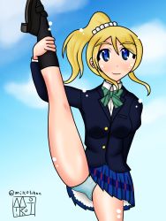 Rule 34 | 1girl, aqua panties, artist request, ayase eli, bare legs, black footwear, black legwear, blonde hair, blue cardigan, blue eyes, blue jacket, blue skirt, blue sky, blush, bow, bowtie, breasts, cardigan, checkered clothes, checkered skirt, cloud, collared shirt, day, female focus, green bow, hair between eyes, hair ornament, hair scrunchie, highres, jacket, leg up, long hair, long sleeves, looking at viewer, love live!, love live! school idol project, m-mikoto (mikotchan), mikotchan, otonokizaka school uniform, outdoors, panties, parted lips, pleated skirt, ponytail, school uniform, scrunchie, shirt, shoes, short sleeves, skirt, sky, small breasts, smile, solo, striped, striped bow, underwear, white scrunchie, white shirt