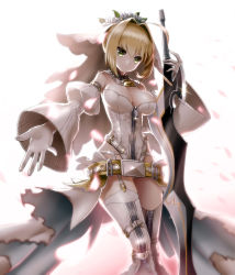 Rule 34 | 10s, 1girl, ahoge, belt, blonde hair, blush, boots, breasts, bridal veil, center opening, chain, cleavage, detached sleeves, fate/extra, fate/extra ccc, fate/grand order, fate (series), garter straps, gloves, green eyes, hair intakes, highres, holding, holding sword, holding weapon, kurobuchi numama, large breasts, leotard, lock, long hair, looking at viewer, nero claudius (bride) (fate), nero claudius (bride) (second ascension) (fate), nero claudius (fate), nero claudius (fate) (all), outstretched hand, padlock, revision, smile, solo, sword, thigh boots, thighhighs, veil, weapon, white gloves, white thighhighs, zipper