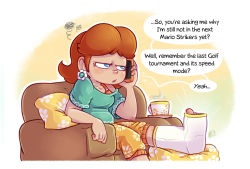 Rule 34 | 1girl, angry, annoyed, bandaged leg, bandages, blue eyes, breasts, brown hair, cellphone, coffee, couch, earrings, flower earrings, highres, injury, jewelry, mario (series), mario golf, mario golf: super rush, mario strikers: battle league, nintendo, phone, pillow, princess daisy, sitting, speech bubble, talking, tomboy