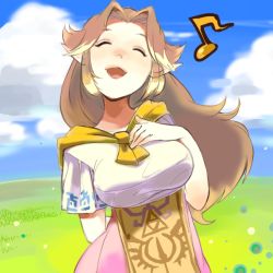 Rule 34 | 1girl, arm behind back, bad id, bad pixiv id, breasts, brown hair, cloud, day, closed eyes, hand on own chest, inactive account, large breasts, long hair, malon, moja (pixiv), musical note, nintendo, aged up, open mouth, pointy ears, scarf, shirt, sky, smile, solo, taut clothes, taut shirt, the legend of zelda, the legend of zelda: ocarina of time