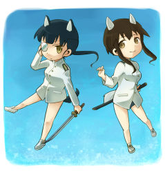Rule 34 | 2girls, animal ears, black hair, brown eyes, brown hair, chibi, dog ears, dog tail, eyepatch, gradient background, kinosaki (green patio), long hair, military, military uniform, multiple girls, one-piece swimsuit, sakamoto mio, school swimsuit, short hair, strike witches, strike witches: kurenai no majo-tachi, swimsuit, swimsuit under clothes, sword, tail, takei junko, uniform, weapon, world witches series