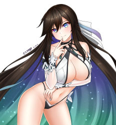 Rule 34 | 1girl, absurdres, adapted costume, arm under breasts, artist name, bikini, blue eyes, breasts, brown hair, counter:side, cy7989, dated, highres, long hair, looking at viewer, nail polish, navel, shin jia, solo, swimsuit, white background, white nails