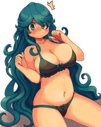 Rule 34 | 1girl, blush, borokuro, bra, bra pull, breasts, clothes pull, creatures (company), embarrassed, game freak, gen 4 pokemon, highres, long hair, looking at viewer, navel, nintendo, panties, personification, pokemon, sitting, solo, sweat, tangrowth, thighs, underwear, underwear only, white background