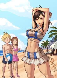 Rule 34 | 2boys, 2girls, aerith gainsborough, arms up, ball, barret wallace, beach, beachball, bikini, bikini skirt, black hair, blonde hair, breasts, brown eyes, brown hair, cloud strife, dtscribe, final fantasy, final fantasy vii, final fantasy vii rebirth, final fantasy vii remake, flower, frilled bikini, frills, hair flower, hair ornament, highres, large breasts, looking at viewer, multiple boys, multiple girls, navel, official alternate costume, official alternate hairstyle, sparkle, stomach, swimsuit, tifa lockhart, toned