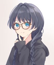 Rule 34 | 1girl, absurdres, black hair, black hoodie, blue eyes, braid, brown-framed eyewear, closed mouth, commentary request, highres, hood, hoodie, link! like! love live!, long hair, long sleeves, looking at viewer, love live!, low twin braids, mole, mole on neck, murano sayaka, revision, simple background, sleeves past wrists, smile, solo, split mouth, twin braids, upper body, v, virtual youtuber, white background, yutuki ame