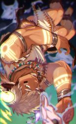 Rule 34 | 1boy, absurdres, animal ears, armband, asymmetrical horns, bara, cow boy, cow ears, cow horns, dark-skinned male, dark skin, expressionless, eye black, facial hair, feather necklace, fiery horns, forked eyebrows, glowing horns, glowing tattoo, goatee, highres, horns, looking at viewer, male focus, mismatched horns, muscular, muscular male, necklace, reki uraaka, short hair, sideburns, solo, spiked hair, thick eyebrows, thighs, tokyo houkago summoners, wakan tanka, wakan tanka mugen, white hair, yellow eyes