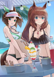Rule 34 | alternate costume, animal ears, beach, blush, bottle, box, breasts, brown hair, cleavage, closed mouth, collarbone, commentary request, food, freckles, green eyes, hair between eyes, hair ornament, highres, horse ears, horse girl, horse tail, ines fujin (umamusume), jewelry, large breasts, looking at viewer, maruzensky (blasting off summer night) (umamusume), maruzensky (umamusume), nabe puyo, necklace, ocean, open mouth, parfait, sky, smile, swimsuit, table, tail, umamusume, visor cap