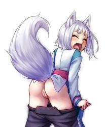 Rule 34 | 10s, 1girl, animal ear fluff, animal ears, anus, ass, bad anatomy, bad id, bad pixiv id, blush, embarrassed, closed eyes, fang, fox ears, fox tail, from behind, hikimayu, inari, kon (tokyo ravens), monorus, open mouth, petite, presenting, pussy, short hair, silver hair, solo, tail, tail raised, tokyo ravens, uncensored, white background
