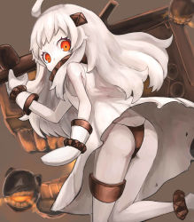 Rule 34 | 10s, 1girl, abyssal ship, ahoge, bare shoulders, black panties, colored skin, covered mouth, dress, from behind, gloves, highres, horns, kantai collection, looking at viewer, looking back, machinery, mittens, northern ocean princess, okitsugu, orange eyes, pale skin, panties, pantyshot, solo, underwear, white dress, white gloves, white hair, white skin