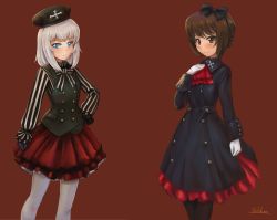 Rule 34 | 10s, 2girls, alternate costume, aqua eyes, artist name, ascot, bad id, bad pixiv id, black gloves, black thighhighs, blush, bow, brown eyes, brown hair, dress, frilled skirt, frills, girls und panzer, gloves, grey hair, hair bow, hand on own chest, hand on own hip, hat, itsumi erika, looking at viewer, multiple girls, nishizumi maho, pantyhose, red background, shirt, signature, simple background, skirt, smile, solokov (okb-999), striped clothes, striped shirt, thighhighs, vest, white gloves, white thighhighs