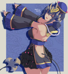 Rule 34 | 1girl, :d, artist name, ass, bead necklace, beads, black hair, black skirt, blue hat, blue sleeves, breasts, butt crack, commentary request, dated, detached sleeves, from behind, hat, highres, jewelry, kichihachi, looking at viewer, medium breasts, nanashi inc., necklace, open mouth, pointy ears, shimamura charlotte, short hair, skirt, sleeves past wrists, smile, solo, tail, thighs, virtual youtuber, yellow eyes
