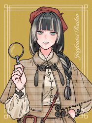 1girl alternate_costume bag beret capelet character_name collared_shirt detective french_braided_ponytail hat high-waist_skirt highres holding holding_magnifying_glass hololive hololive_dev_is jewelry juufuutei_raden long_sleeves looking_at_viewer magnifying_glass multicolored_hair plaid_capelet plaid_clothes plaid_skirt puffy_long_sleeves puffy_sleeves ring sha2raku2 shirt shoulder_bag skirt solo streaked_hair two-tone_hair virtual_youtuber