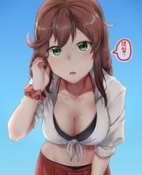 Rule 34 | 1girl, absurdres, bikini, black bikini, braid, breasts, brown hair, commentary request, green eyes, highres, kantai collection, long hair, looking at viewer, medium breasts, noshiro (kancolle), pleated skirt, red skirt, shirt, short sleeves, skirt, solo, speech bubble, sugamo (rainysnowy108), sweat, swept bangs, swimsuit, tied shirt, translation request, twin braids, upper body, white shirt