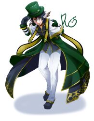 Rule 34 | 1boy, arch bishop (ragnarok online), belt, black belt, black footwear, black gloves, black hair, black shirt, brown wings, capelet, closed mouth, coat, commentary request, copyright name, feathered wings, flowery peko, gloves, gold trim, green coat, green eyes, green hat, hair between eyes, hand in pocket, hand on headwear, hat, hat belt, hat clover, head wings, heterochromia, leaning forward, long bangs, looking at viewer, male focus, official alternate costume, open clothes, open coat, pants, poring, ragnarok online, shirt, shoes, short hair, simple background, smile, solo, standing, top hat, white background, white capelet, white pants, wings, yellow eyes