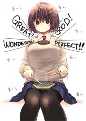 Rule 34 | !, !!, 1girl, black pantyhose, blue skirt, blush, bob cut, breasts, brown eyes, brown hair, collared shirt, commentary request, drumsticks, english text, hexagon, highres, holding, instrument, knees together feet apart, large breasts, long sleeves, looking at viewer, matching hair/eyes, matsuda hikari, miniskirt, motion lines, music, necktie, nikotamu, object on breast, original, pantyhose, playing instrument, pleated skirt, red necktie, school uniform, serious, shirt, short hair, sitting, skirt, solo, sweater, tawawa challenge, white background, white shirt, wire