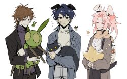 Rule 34 | 3boys, ?, ??, animal, animal ears, bag, bandaid, bandaid on cheek, bandaid on face, black cat, black jacket, black pants, blue hair, brown coat, brown eyes, brown hair, cat, chinese commentary, closed mouth, coat, commentary request, dog ears, english text, fake animal ears, flower, flying sweatdrops, grey eyes, grey jacket, grin, harada minoru, hatsutori hajime, holding, holding animal, holding cat, holding pillow, holding stuffed toy, jacket, kemonomimi mode, long sleeves, male focus, multiple boys, nervous smile, open clothes, open coat, open jacket, pants, parted bangs, pet cone, pillow, pink hair, ponytail, purple sweater, rabbit boy, rabbit ears, red-xii, red eyes, rose, saibou shinkyoku, scarf, shirt, short hair, shoulder bag, simple background, sleeveless, sleeveless turtleneck, smile, star (symbol), stuffed animal, stuffed toy, sweat, sweater, turtleneck, turtleneck sweater, utsugi noriyuki, white background, white flower, white pants, white rose, white shirt, white sweater, yellow scarf