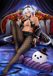 Rule 34 | 1girl, animal ear fluff, animal ears, bed, belt, black jacket, black shorts, bow, breasts, breasts apart, cat ears, cat tail, dark-skinned female, dark skin, doughnut, fake animal ears, fake tail, feet, female focus, fishnet pantyhose, fishnets, food, ghost, hairband, halloween, hat, highres, holding, holding food, jacket, kantai collection, large breasts, long hair, looking at viewer, musashi (kancolle), nail polish, navel, o-ring, o-ring top, orange bow, pantyhose, pillow, purple nail polish, purple nails, shorts, smile, solo, stomach, tail, tail bow, tail ornament, toenail polish, toenails, toes, white hair, witch hat, yunamaro