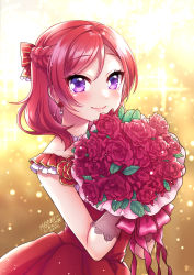 Rule 34 | 1girl, 2020, blush, bouquet, bow, braid, closed mouth, commentary request, dress, flower, hair between eyes, hair bow, highres, holding, holding bouquet, long hair, love live!, love live! school idol festival, love live! school idol project, mono land, nishikino maki, pleated dress, purple eyes, red bow, red flower, red hair, red rose, rose, signature, smile, solo, sparkle background, striped, striped bow, swept bangs