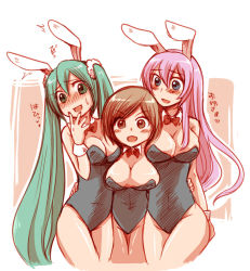 Rule 34 | 3girls, alternate costume, animal ears, aqua eyes, aqua hair, bare arms, bare legs, bare shoulders, black leotard, blue eyes, blush, bow, bowtie, breasts, brown eyes, brown hair, cleavage, detached collar, eyes visible through hair, fake animal ears, group hug, hair between eyes, hair ornament, hair scrunchie, hand up, hatsune miku, head tilt, hug, large breasts, leaning, leaning forward, leotard, long hair, looking at another, looking at viewer, medium breasts, megurine luka, meiko (vocaloid), multiple girls, neck, nervous, open mouth, pink hair, playboy bunny, rabbit ears, red bow, red bowtie, scrunchie, short hair, shy, smile, standing, straight hair, strapless, strapless leotard, sweatdrop, twintails, very long hair, vocaloid, white scrunchie, wrist cuffs, yuume shida, yuumesida