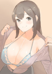Rule 34 | 1girl, absurdres, akagi (kancolle), alternate costume, blue bra, blush, bra, breasts, brown background, brown eyes, brown hair, cleavage, co botan, highres, kantai collection, large breasts, long hair, long sleeves, looking at viewer, open clothes, open shirt, red shirt, shirt, simple background, smile, solo, underwear, upper body