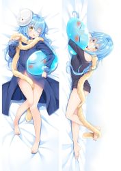 Rule 34 | 1boy, ;d, androgynous, bare legs, barefoot, bed sheet, black shirt, blue coat, blue hair, blush, bottomless, coat, colored eyelashes, dakimakura (medium), full body, fur-trimmed sleeves, fur trim, grin, long hair, long sleeves, looking at viewer, lying, mask, mask on head, moeanime, off-shoulder shirt, off shoulder, on back, on stomach, one eye closed, open mouth, rimuru tempest, shirt, smile, soles, solo, split screen, straight hair, tensei shitara slime datta ken, very long hair, yellow eyes