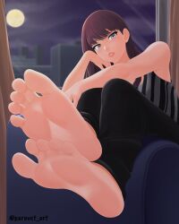 Rule 34 | 1girl, absurdres, artist name, asahina yuzuki, bare shoulders, barefoot, black pants, black shirt, brown hair, crossed ankles, feet, female focus, foot focus, foreshortening, full body, grey eyes, hand on own cheek, hand on own face, highres, i-chu, long hair, looking at viewer, pants, paravet, parted lips, shirt, sitting, sleeveless, sleeveless shirt, smile, soles, solo, striped clothes, striped shirt, teeth, thighs, toes, twitter username, window