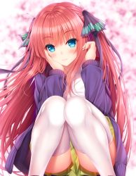 Rule 34 | 1girl, absurdres, black ribbon, blue eyes, blurry, blurry background, blush, cardigan, closed mouth, clothes between thighs, collared shirt, commentary request, depth of field, dress shirt, feet out of frame, fingernails, go-toubun no hanayome, green skirt, hair ribbon, hands up, highres, knees up, long hair, long sleeves, nakano nino, open cardigan, open clothes, pleated skirt, purple cardigan, red hair, revision, ribbon, shirt, skirt, sleeves past wrists, smile, solo, squatting, thighhighs, two side up, very long hair, white shirt, white thighhighs, yunagi amane