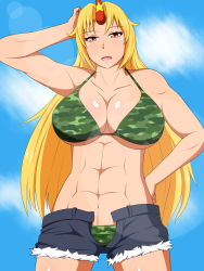 Rule 34 | 1girl, abs, bad id, bad pixiv id, bikini, blonde hair, blue sky, breasts, camouflage, camouflage bikini, cloud, day, green bikini, hand in own hair, hand on own hip, hand up, highres, horns, hoshiguma yuugi, lactone, large breasts, long hair, muscular, open mouth, open pants, pants, red eyes, short shorts, shorts, single horn, sky, solo, swimsuit, toned, touhou