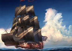 Rule 34 | absurdres, akasaai, blue sky, cannon, cloud, commentary, day, heart, highres, hololive, no humans, ocean, outdoors, pirate ship, sail, ship, ship of the line, sky, virtual youtuber, warship, watercraft