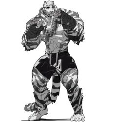 Rule 34 | 1boy, abs, animal ears, arknights, bara, black shorts, chain, chain necklace, clenched hands, fighting stance, full body, furry, furry male, highres, jewelry, large pectorals, male focus, mountain (arknights), muscular, muscular male, necklace, nipples, pants, pectorals, scar, scar across eye, scar on face, short hair, shorts, sketch, solo, stomach, tail, tail ornament, tail ring, thighs, tiger boy, tiger ears, topless male, track pants, white fur, wincalblanke