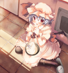 Rule 34 | 1girl, bad id, bad pixiv id, bat wings, black pantyhose, blue hair, blush, bowl, cooking, female focus, from above, hat, highres, indoors, kitchen, messy, oven, pantyhose, red eyes, remilia scarlet, shinonome ukyu, short hair, slippers, solo, touhou, wings
