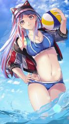 Rule 34 | 1girl, aru16, ball, bikini, blue bikini, blue hair, breasts, cleavage, closed mouth, cloud, hand on own hip, hat, highres, holding, holding ball, jacket, kantai collection, large breasts, long hair, long sleeves, looking at viewer, multicolored clothes, multicolored hair, multicolored jacket, official alternate costume, open clothes, open jacket, outdoors, partially submerged, ponytail, red hair, sidelocks, sky, solo, south dakota (kancolle), swimsuit, visor cap, water, white hair