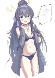 Rule 34 | 1girl, bikini, black bikini, black hair, blue archive, blue eyes, blue hairband, blush, book, commentary request, cosmos (rea1ityc0sm0s), grey sweater, hairband, halo, highres, holding, holding book, jewelry, long hair, navel, necklace, off shoulder, official alternate costume, ponytail, solo, sweater, swimsuit, ui (blue archive), ui (swimsuit) (blue archive), very long hair