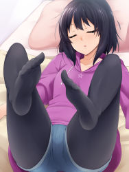 Rule 34 | 1girl, bed, black hair, blush, closed eyes, drugged, feet, feet up, female focus, from below, groin, hair between eyes, highres, hood, hooded jacket, hoodie, indoors, jacket, kaiga, legs, legs up, lying, medium hair, no shoes, nose blush, on back, on bed, original, pantyhose, parted lips, pillow, short shorts, shorts, sleeping, solo, thighs, toes