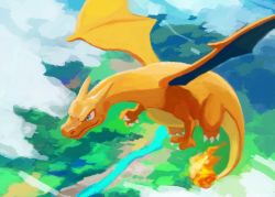 Rule 34 | above clouds, blue eyes, charizard, claws, closed mouth, cloud, commentary request, creatures (company), day, fire, fire, flame-tipped tail, flying, game freak, gen 1 pokemon, nintendo, no humans, outdoors, pokemon, pokemon (creature), river, smile, solo, uninori