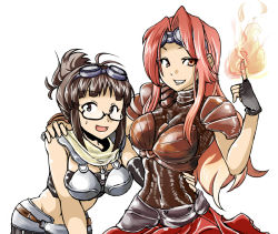 Rule 34 | 2girls, akizuki ritsuko, armor, bad id, bad pixiv id, brown eyes, brown hair, chandra nalaar, crossover, fingerless gloves, fire, folded ponytail, glasses, gloves, goggles, goggles on head, grin, hand on another&#039;s hip, hand on another&#039;s shoulder, idolmaster, idolmaster (classic), long hair, magic: the gathering, midriff, multiple girls, red eyes, red hair, shisotex, shoulder pads, simple background, smile, sweatdrop, white background