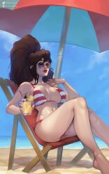 Rule 34 | 1girl, barefoot, beach, beach umbrella, big hair, bikini, blue sky, breasts, brown hair, closed eyes, cocktail, cocktail glass, cup, day, drinking glass, drinking straw, high ponytail, highres, kate starling, large breasts, lipstick, long hair, makeup, navel, nikki (kate starling), ocean, original, paid reward available, reclining, red bikini, red lips, sagging breasts, sky, solo, striped bikini, striped clothes, sunglasses, swimsuit, toned, umbrella, variant set