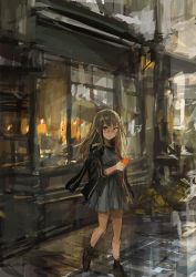 Rule 34 | 1girl, black jacket, boots, brown hair, cellphone, commentary request, dress, earphones, glasses, grey dress, holding, holding phone, jacket, jacket on shoulders, lm7 (op-center), long hair, looking at viewer, original, outdoors, phone, purple eyes, sketch, standing, standing on one leg, walking
