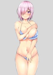 Rule 34 | 1girl, alternate costume, blush, breasts squeezed together, breasts, collarbone, commentary request, covering privates, covering breasts, covering crotch, cowboy shot, fate/grand order, fate (series), grey background, hair over one eye, kisaragi nana, large breasts, looking at viewer, mash kyrielight, navel, purple eyes, purple hair, short hair, simple background, skindentation, solo, underwear, wavy mouth